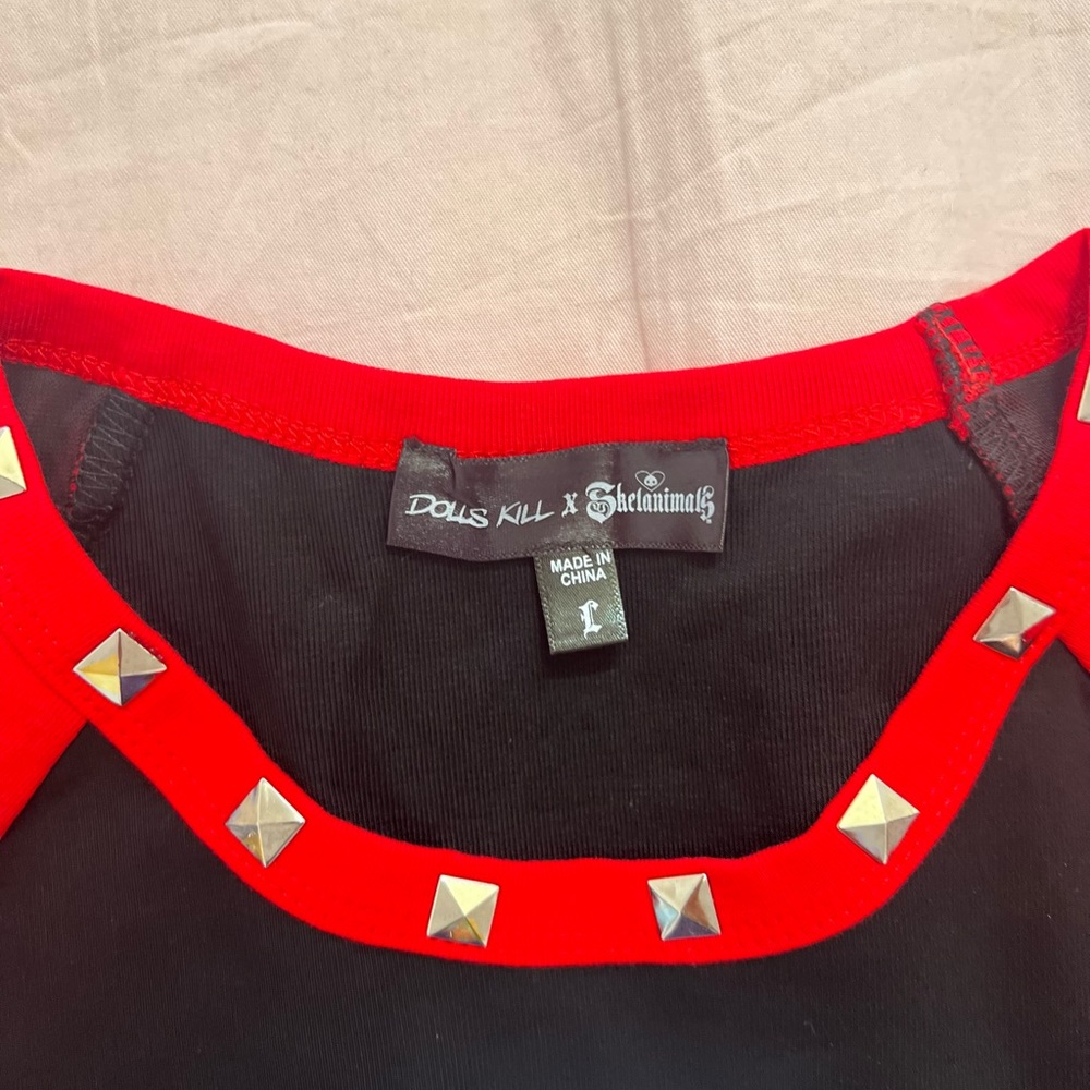 Dolls Kill x Skelanimals Red and Black Long Sleeve Graphic Top - Picture 2 of 4
